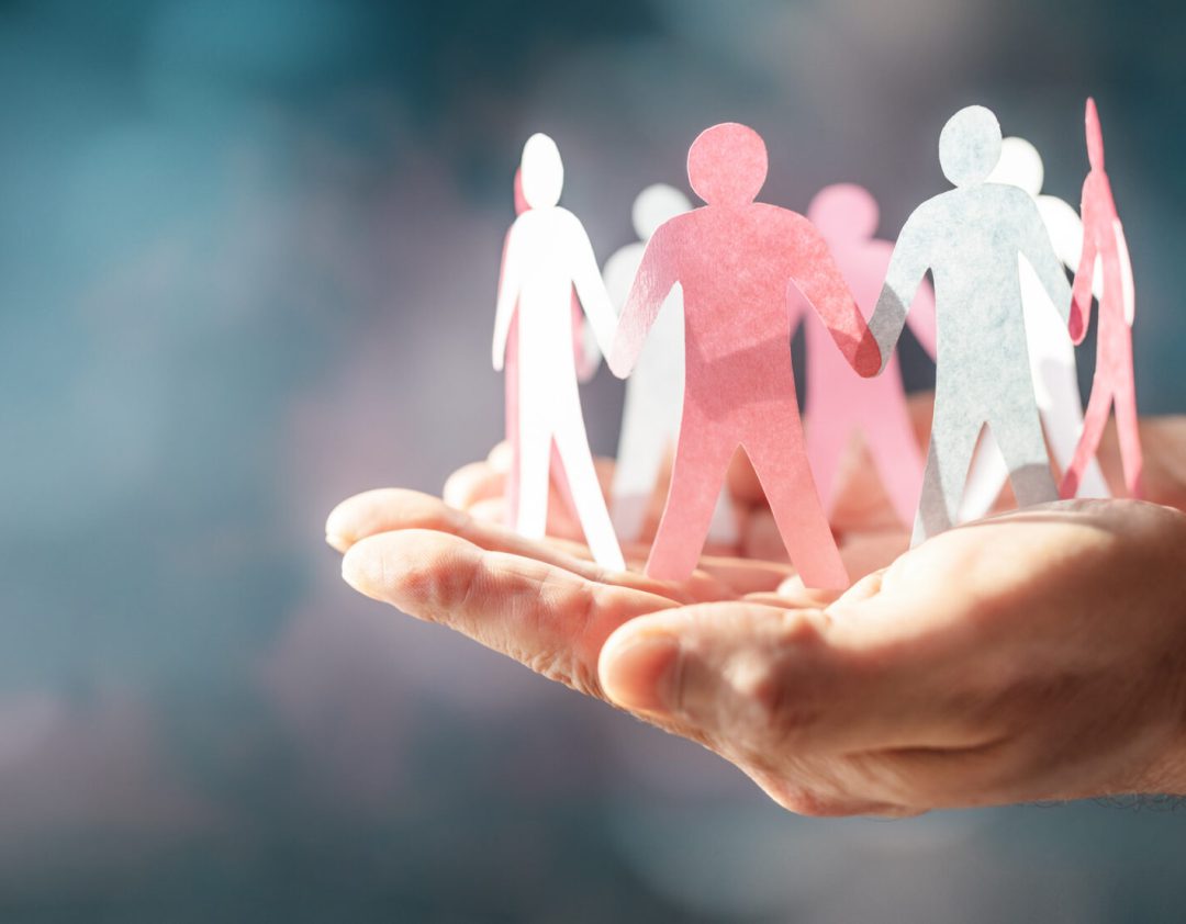 Paper chain friends, teamwork, diversity, family or business community, hand holding and protecting